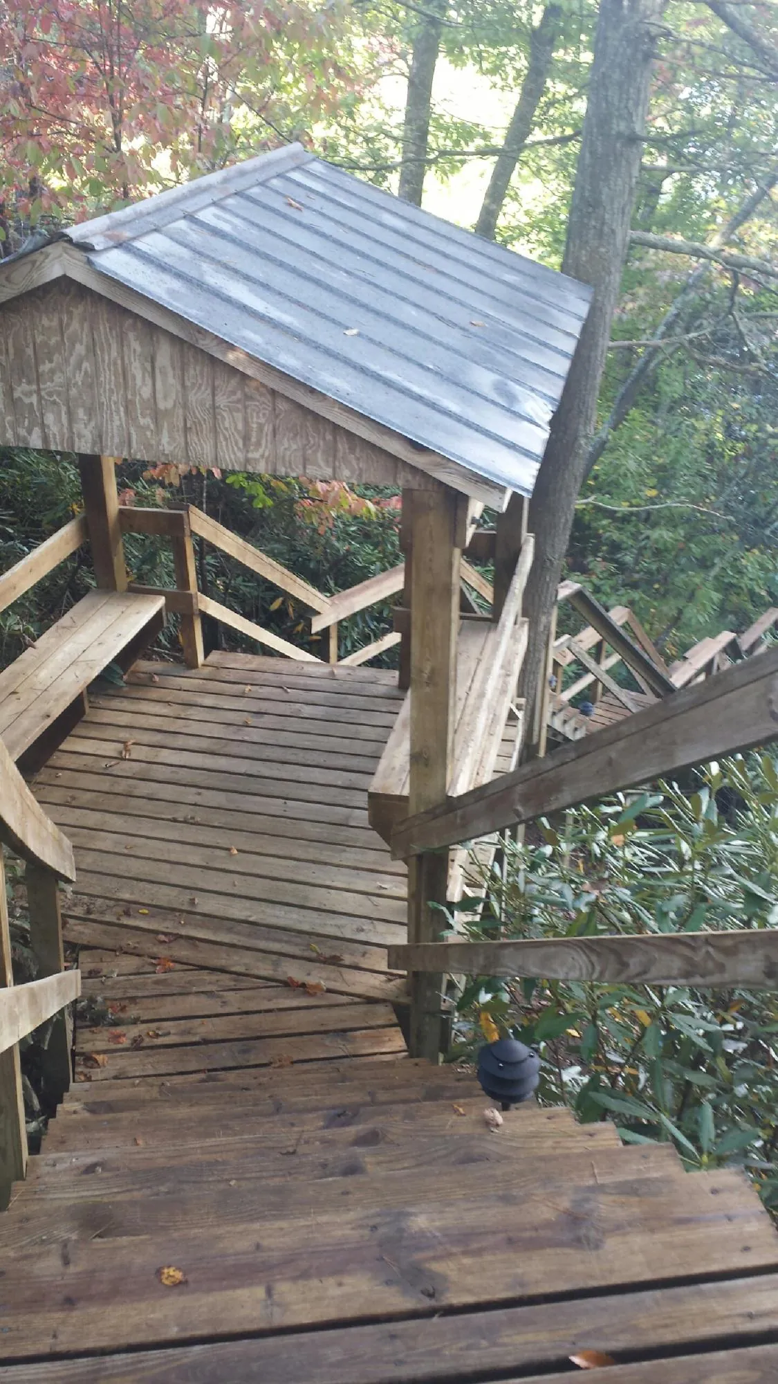 Metal roofed shelter over wooden steps on a wooded walkway — Skylight Repair & Installation work by our crew in Mexico